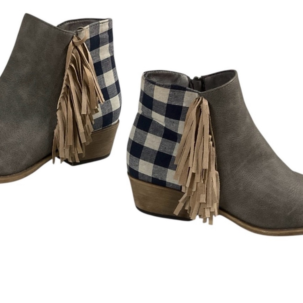 JoliMall Women's Gray Plaid Fringe Ankle Boots with Side Zipper Size 8M